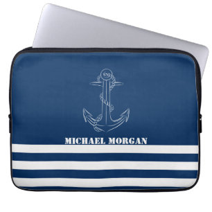 Nautical Anchor, marineblauw Stripes Sailor Laptop Sleeve