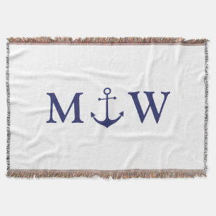 Nautical anchor marvy blue white koppon monogram deken