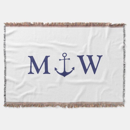 Nautical anchor marvy blue white koppon monogram deken (Voorkant)