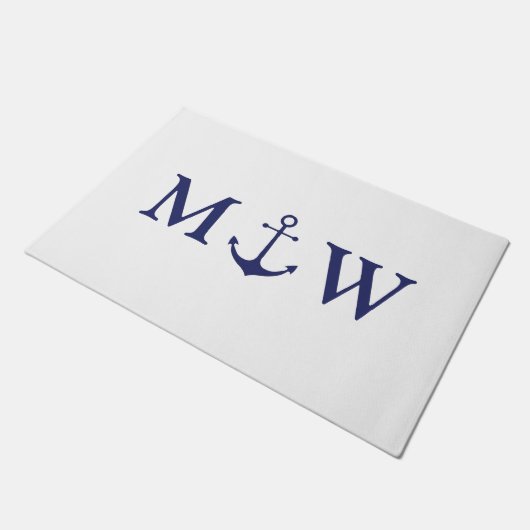 Nautical anchor marvy blue white koppon monogram deurmat (Schuin)