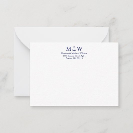 Nautical anchor marvy blue white koppon monogram notitiekaartje (Voorkant)