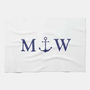 Nautical anchor marvy blue white koppon monogram theedoek