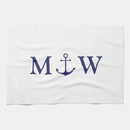 Nautical anchor marvy blue white koppon monogram theedoek (Horizontaal)