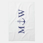 Nautical anchor marvy blue white koppon monogram theedoek (Verticaal)