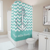 Nautical Anchor Mint Green Chevron Monogram Naam Douchegordijn (In situ)