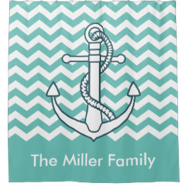 Nautical Anchor Mint Green Chevron Monogram Naam Douchegordijn