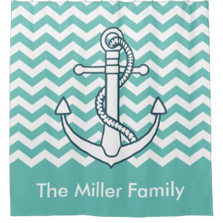 Nautical Anchor Mint Green Chevron Monogram Naam Douchegordijn