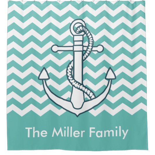 Nautical Anchor Mint Green Chevron Monogram Naam Douchegordijn (Voorkant)
