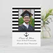 Nautical Anchor Modern Black White stripe afstuder Aankondiging (Staand voorkant)