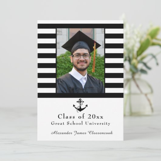 Nautical Anchor Modern Black White stripe afstuder Aankondiging (Staand voorkant)