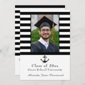 Nautical Anchor Modern Black White stripe afstuder Aankondiging (Voorkant / Achterkant)