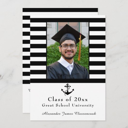 Nautical Anchor Modern Black White stripe afstuder Aankondiging (Voorkant / Achterkant)