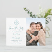 Nautical Anchor Monogram Aqua Blue Weddenfoto Save The Date (Staand voorkant)