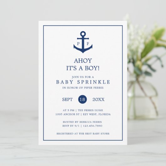 Nautical Anchor Monogram Boy Sprinkle Kaart (Staand voorkant)