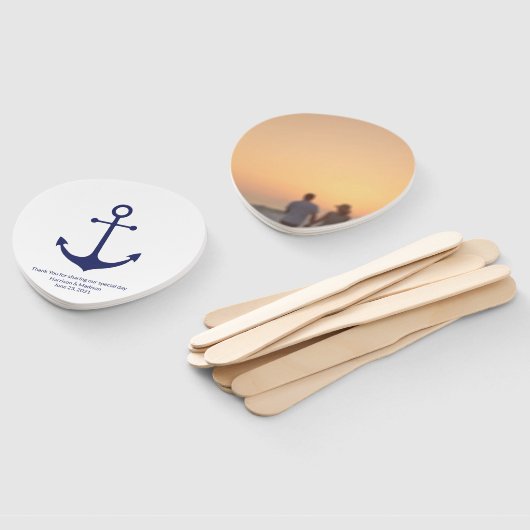 Nautical anchor monogram foto marineblauw bruiloft handwaaier (Niet-gemonteerd)