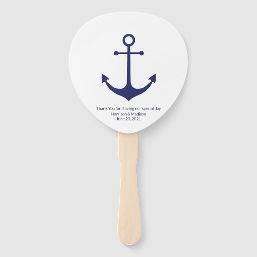 Nautical anchor monogram foto marineblauw bruiloft handwaaier (Voorkant)
