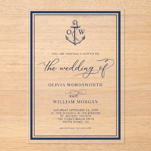 Nautical Anchor Monogram Lijst marine Weddenschap Acryl Uitnodigingen (Voorkant)