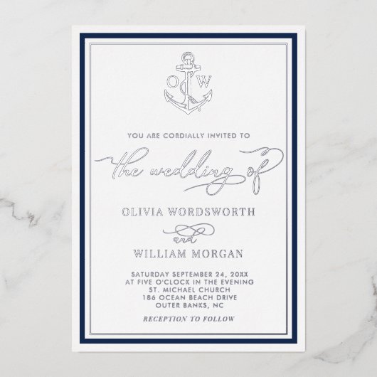 Nautical Anchor Monogram Lijst Weddenschap Zilver Folie Uitnodiging (Voorkant)