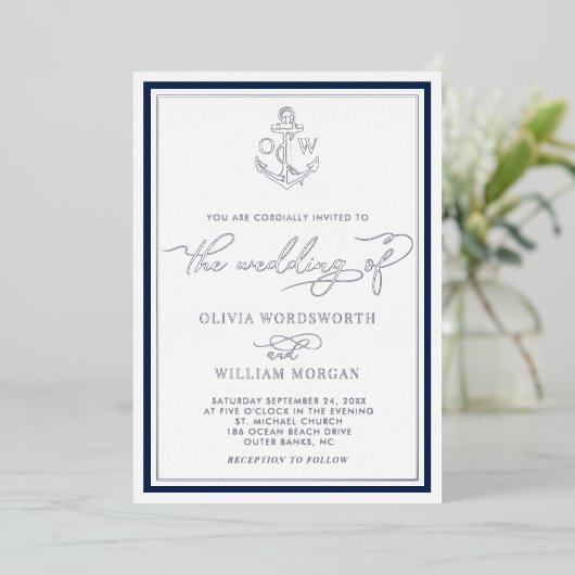 Nautical Anchor Monogram Lijst Weddenschap Zilver Folie Uitnodiging (Staand Voorkant)