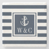 Nautical Anchor Monogram Navy Blue Stripe Stenen Onderzetter (Voorkant)