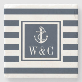 Nautical Anchor Monogram Navy Blue Stripe Stenen Onderzetter