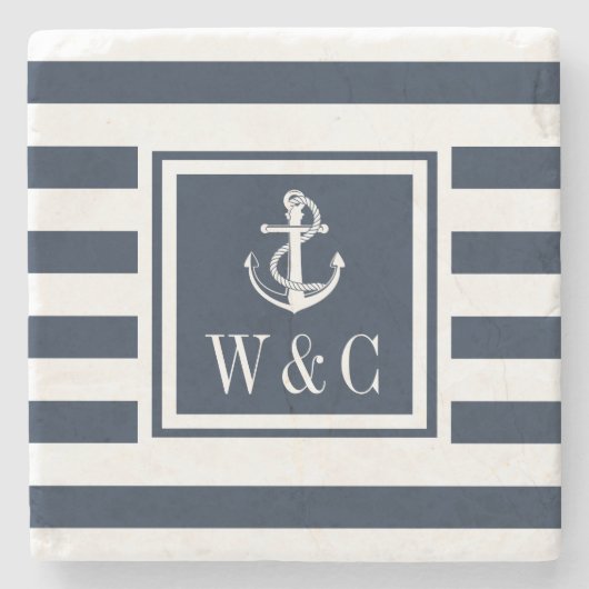 Nautical Anchor Monogram Navy Blue Stripe Stenen Onderzetter (Voorkant)