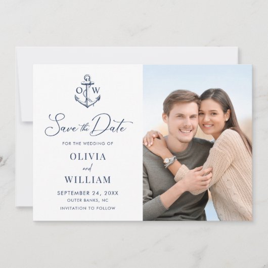 Nautical Anchor Monogram Navy Blue Wedding Photo Save The Date (Voorkant)