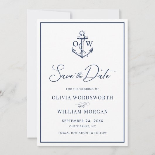 Nautical Anchor Monogram Navy Blue Wedding Save The Date (Voorkant)