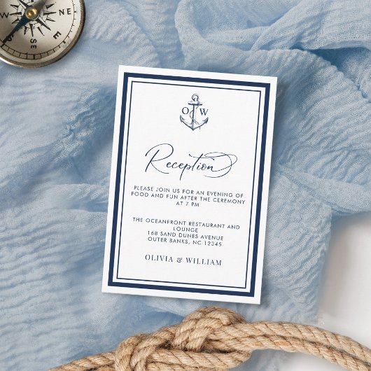 Nautical Anchor Monogram Navy Wedding Reception Informatiekaartje