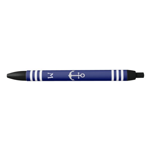Nautical Anchor & Monogram op blauwe achtergrond Zwarte Inkt Pen (Voorkant)