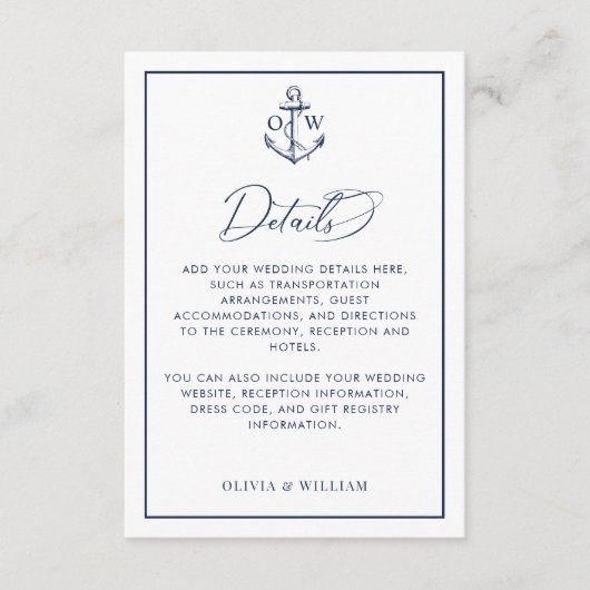 Nautical Anchor Monogram Weddenschap Details Informatiekaartje (Voorkant)