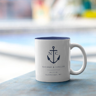 Nautical Anchor Monogram Weddenschap Favor Tweekleurige Koffiemok