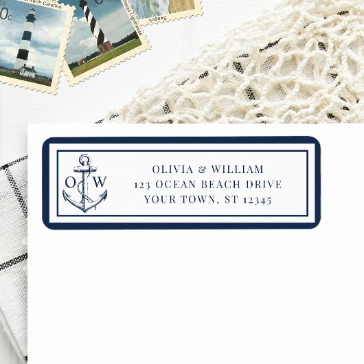 Nautical Anchor Monogram Weddenschap Return Addres Etiket