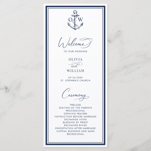 Nautical Anchor Monogram Wedding Programmakaart (Voorkant)