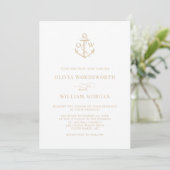 Nautical Anchor Monogram White Beige Wedding Kaart (Staand voorkant)