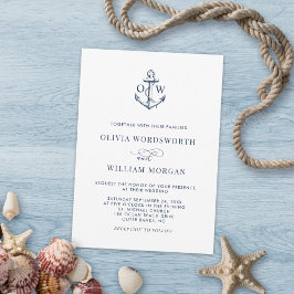 Nautical Anchor Monogram White Navy Simple Wedding Kaart