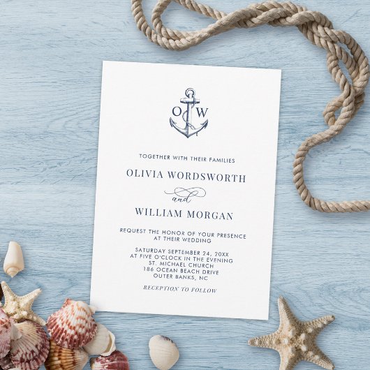 Nautical Anchor Monogram White Navy Simple Wedding Kaart