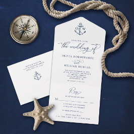 Nautical Anchor Monogram White Navy Wedding All In One Uitnodiging