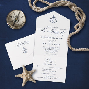 Nautical Anchor Monogram White Navy Wedding All In One Uitnodiging
