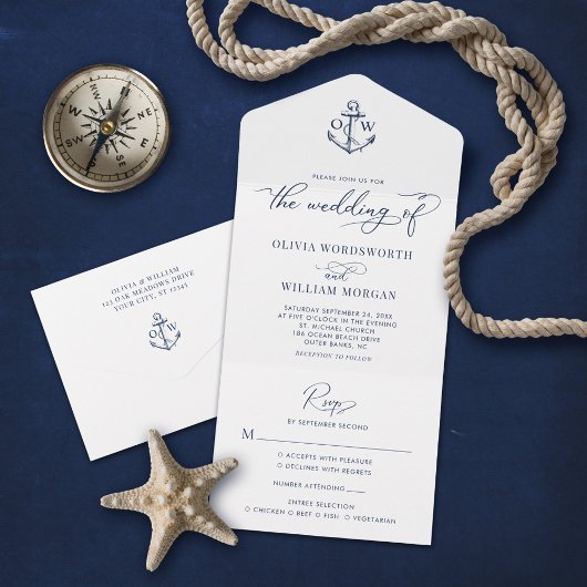 Nautical Anchor Monogram White Navy Wedding All In One Uitnodiging
