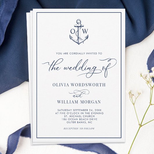 Nautical Anchor Monogram White Wedding Kaart