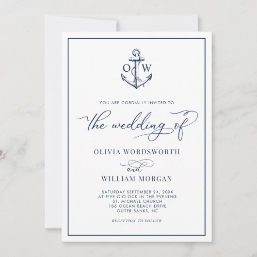 Nautical Anchor Monogram White Wedding Kaart (Voorkant)