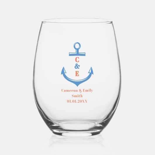 Nautical Anchor Monogrammed Paddle  Wijnglas Zonder Voet (Voorkant)