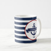 Nautical Anchor Name Navy Blue Stripes Koffiemok (Voorkant rechts)