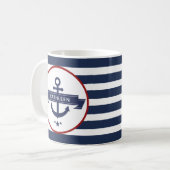 Nautical Anchor Name Navy Blue Stripes Koffiemok (Voorkant links)