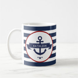 Nautical Anchor Name Navy Blue Stripes Koffiemok