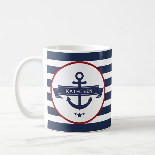 Nautical Anchor Name Navy Blue Stripes Koffiemok (Links)