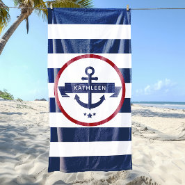 Nautical Anchor Name Navy Blue Stripes Strandlaken