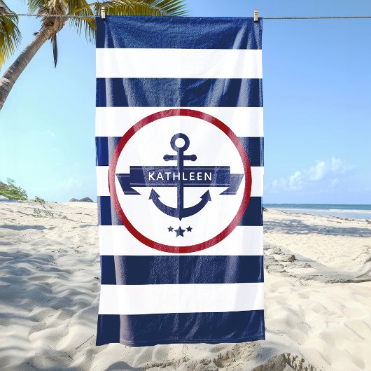 Nautical Anchor Name Navy Blue Stripes Strandlaken