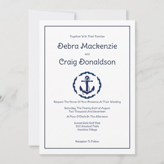Nautical Anchor, Navy and White Wedding Kaart (Voorkant)